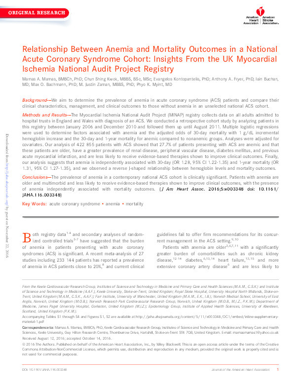 Relationship Between Anemia and Mortality Outcomes in a National Acute Coronary Syndrome Cohort: Insights from the UK Myocardial Ischemia National Audit Project Registry Thumbnail