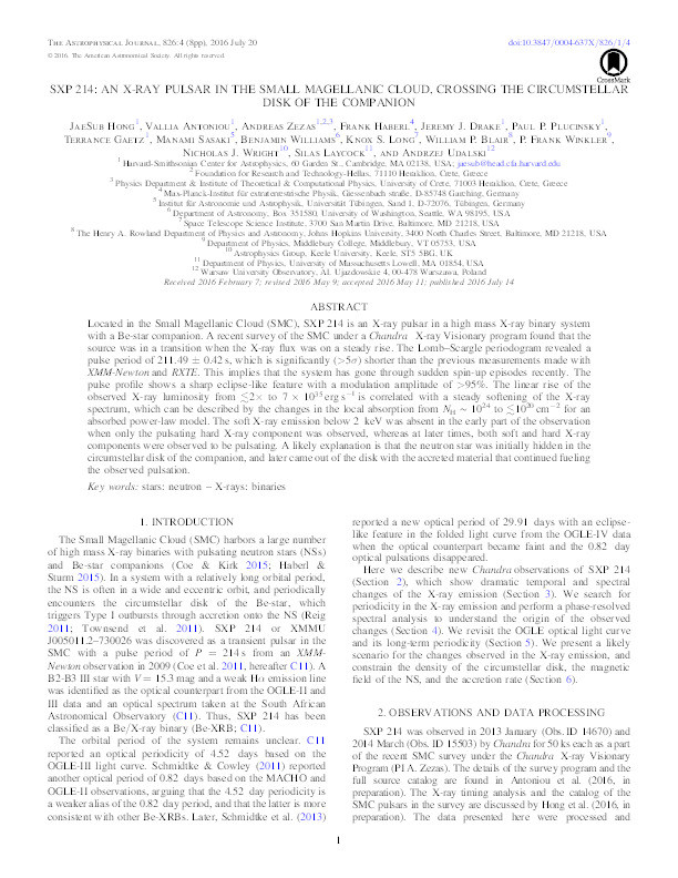 SXP 214: An X-ray Pulsar In The Small Magellanic Cloud, Crossing The Circumstellar Disk Of The Companion Thumbnail