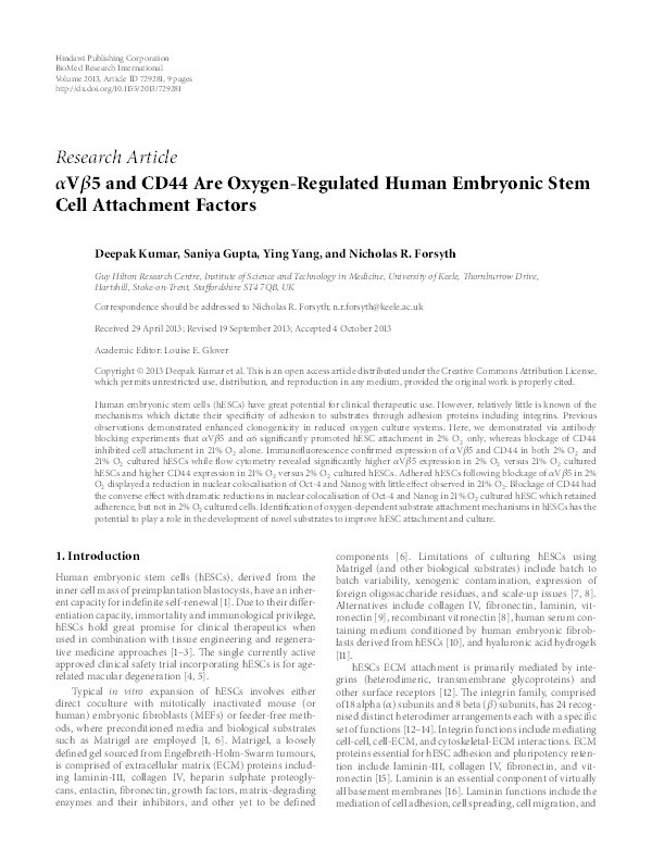 aV ß5 and CD44 are oxygen-regulated human embryonic stem cell attachment factors Thumbnail