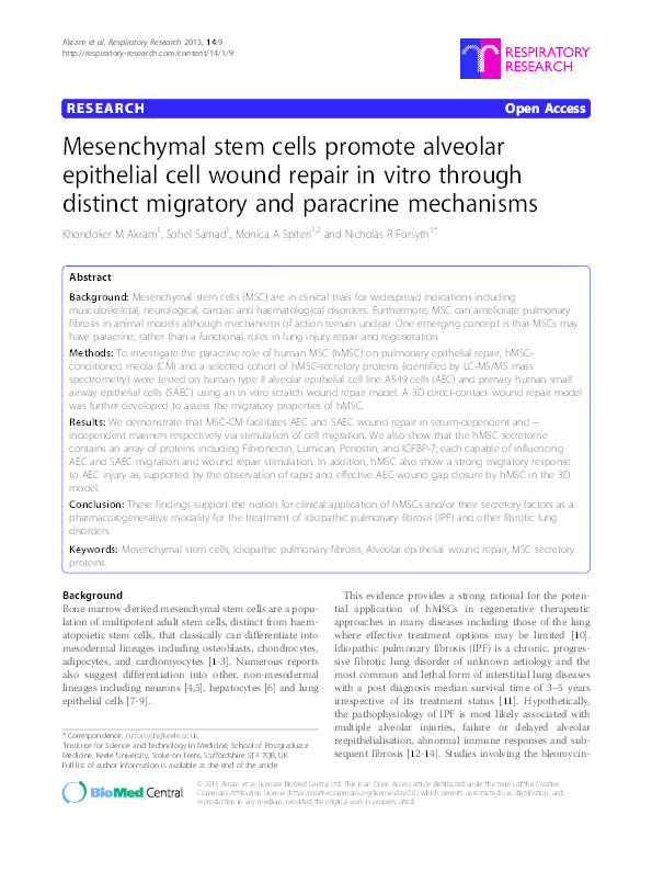 Mesenchymal stem cells promote alveolar epithelial cell wound repair in vitro through distinct migratory and paracrine mechanisms. Thumbnail