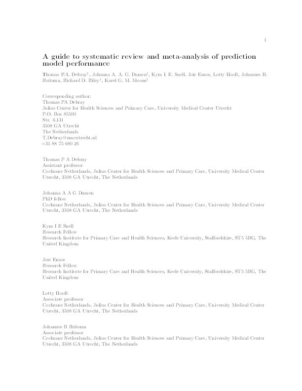 A guide to systematic review and meta-analysis of prediction model performance Thumbnail