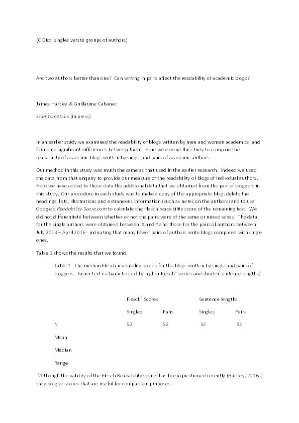 Are two authors better than one?: Can writing on pairs affect the readability of academic blogs? Thumbnail