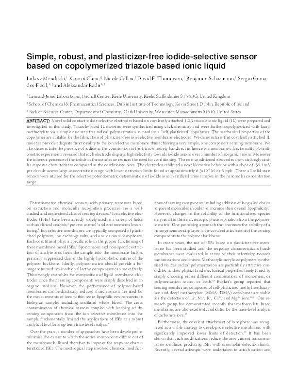 Simple, Robust, and Plasticizer-Free Iodide-Selective Sensor Based on Copolymerized Triazole-Based Ionic Liquid Thumbnail