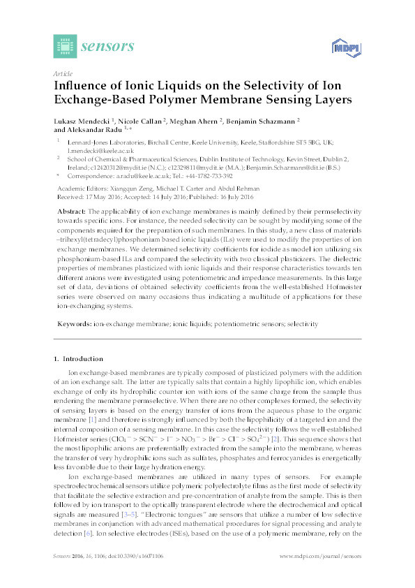 Influence of Ionic Liquids on the Selectivity of Ion Exchange-Based Polymer Membrane Sensing Layers Thumbnail