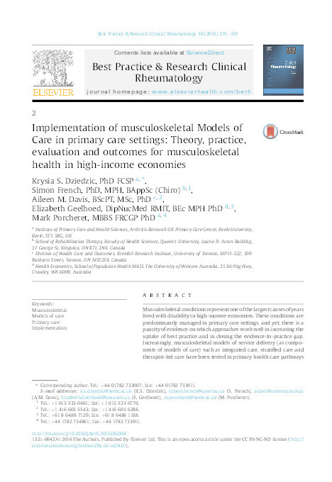Implementation of musculoskeletal Models of Care in primary care settings: Theory, practice, evaluation and outcomes for musculoskeletal health in high-income economies Thumbnail