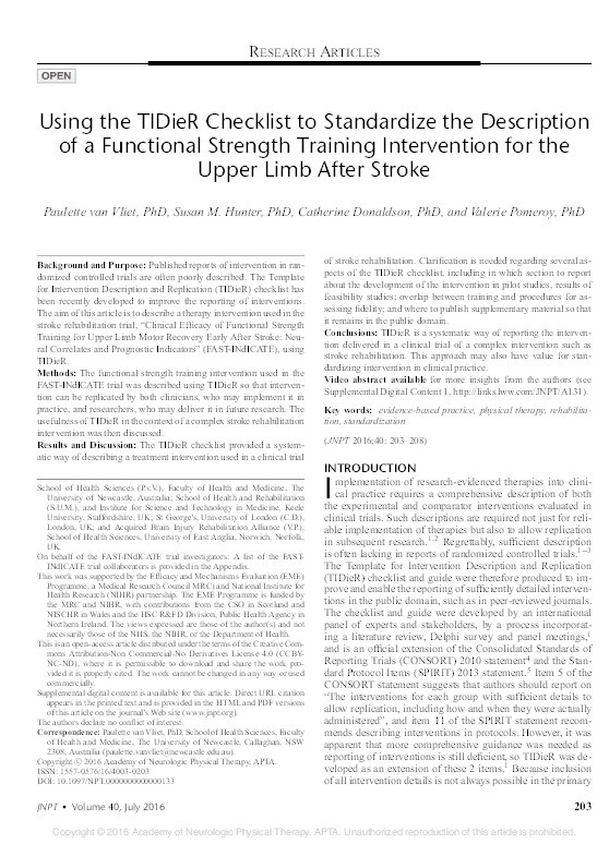 Using the TIDieR Checklist to Standardize the Description of a Functional Strength Training Intervention for the Upper Limb After Stroke. Thumbnail
