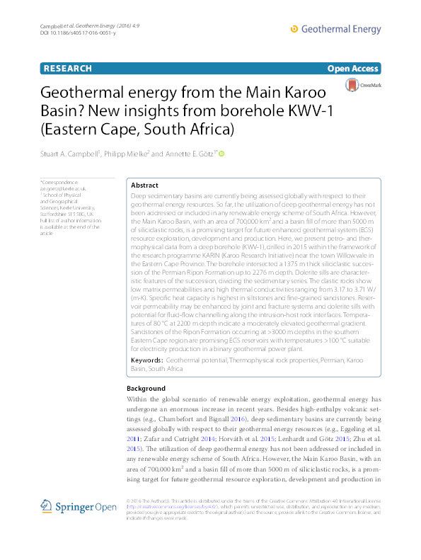 Geothermal energy from the Main Karoo Basin? New insights from borehole KWV-1 (Eastern Cape, South Africa) Thumbnail