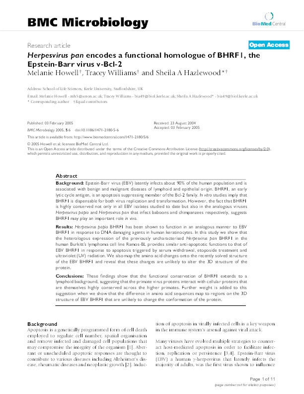Herpesvirus pan encodes a functional homologue of BHRF1, the Epstein-Barr virus v-Bcl-2 Thumbnail