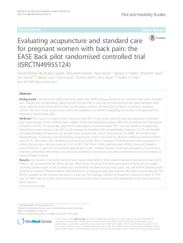 Evaluating acupuncture and standard care for pregnant women and back pain: the EASE back pilot randomised controlled trial ((ISRCTN49955124) Thumbnail