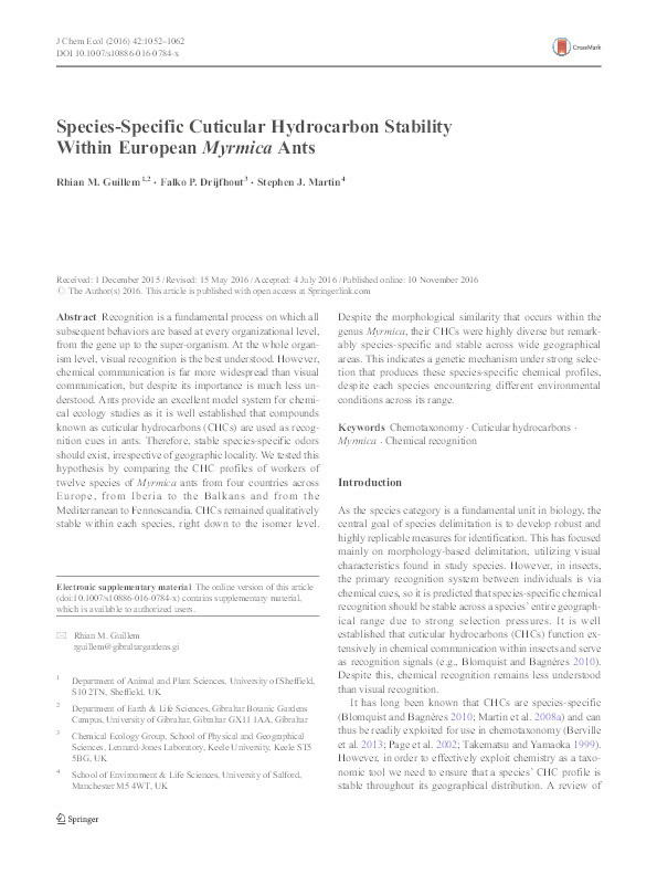 Species-Specific Cuticular Hydrocarbon Stability within European Myrmica Ants. Thumbnail