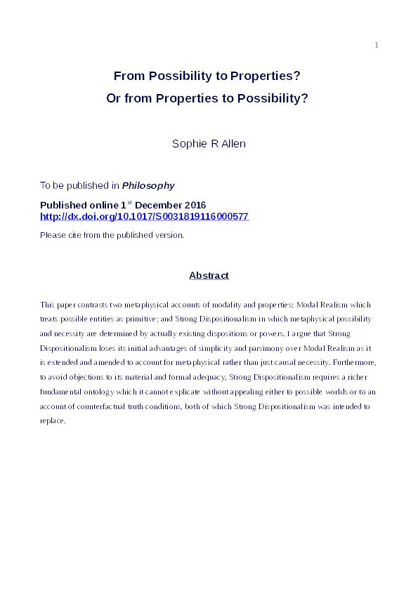 From Possibility to Properties? Or from Properties to Possibility? Thumbnail