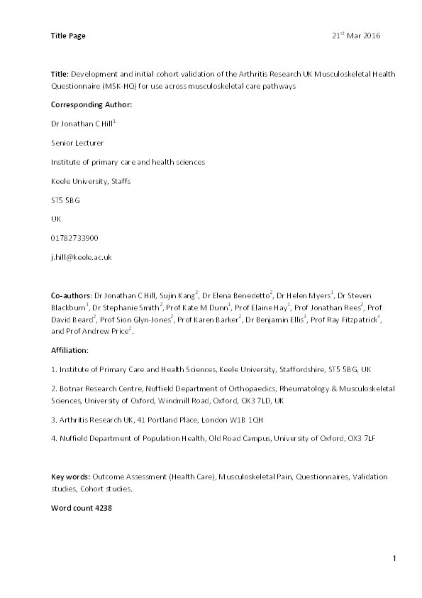 PMS74 - Development of the Musculoskeletal Health Questionnaire (MSK-HQ) for Use in Different Conditions and Different Healthcare Pathways Thumbnail