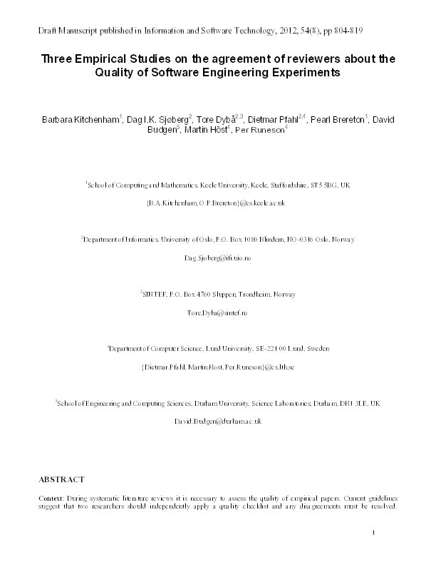Three empirical studies on the agreement of reviewers about the quality of software engineering experiments Thumbnail