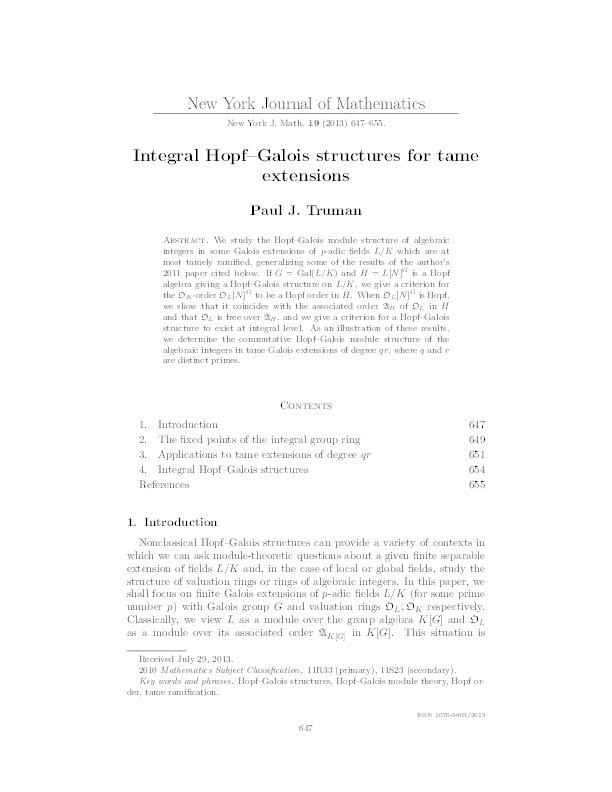 Integral Hopf-Galois structures for tame extensions Thumbnail