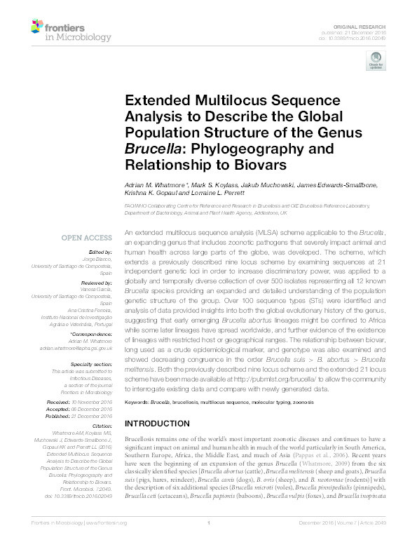 Extended Multilocus Sequence Analysis to Describe the Global Population Structure of the Genus Brucella: Phylogeography and Relationship to Biovars Thumbnail