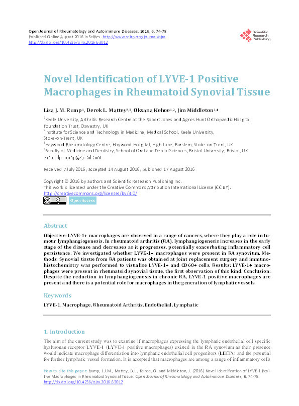 Novel Identification of LYVE-1 Positive Macrophages in Rheumatoid Synovial Tissue Thumbnail