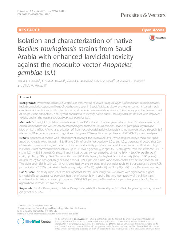 Isolation and characterization of native Bacillus thuringiensis strains from Saudi Arabia with enhanced larvicidal toxicity against the mosquito vector Anopheles gambiae (s.l.). Thumbnail