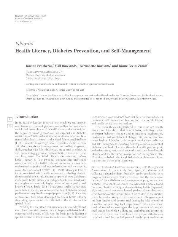 Health Literacy, Diabetes Prevention, and Self-Management Thumbnail