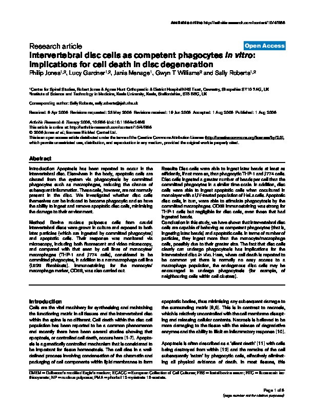 Intervertebral disc cells as competent phagocytes in vitro: implications for cell death in disc degeneration Thumbnail