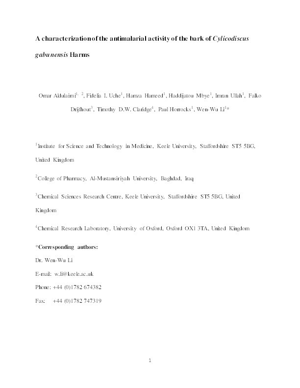 A characterization of the antimalarial activity of the bark of Cylicodiscus gabunensis Harms Thumbnail