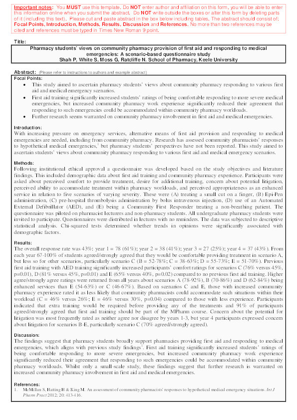 Pharmacy students’ views on community pharmacy provision of first aid and responding to medical emergencies: a scenario-based questionnaire study Thumbnail