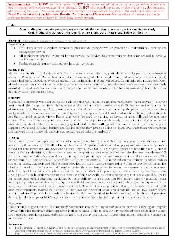 Community pharmacists’ perspectives on malnutrition screening and support: a qualitative study Thumbnail