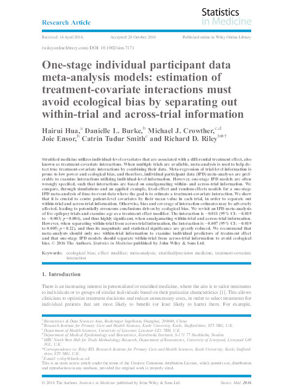 One-stage individual participant data meta-analysis models: estimation of treatment-covariate interactions must avoid ecological bias by separating out within-trial and across-trial information. Thumbnail