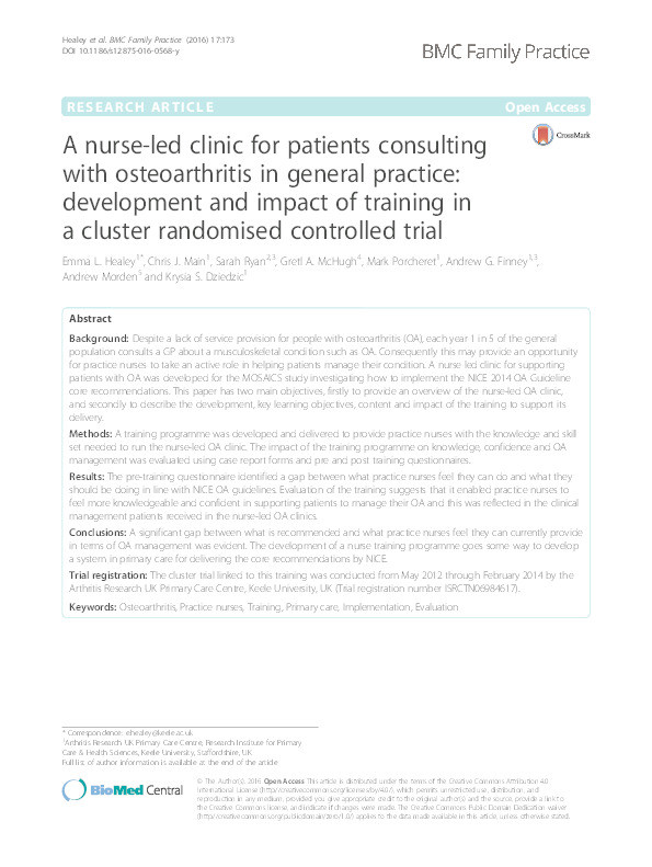 A nurse-led clinic for patients consulting with osteoarthritis in general practice: development and impact of training in a cluster randomised controlled trial Thumbnail