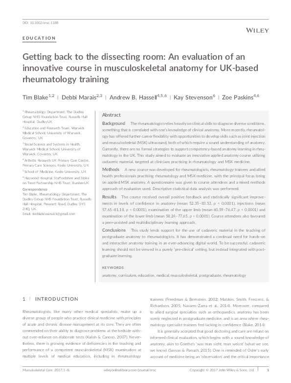 Getting back to the dissecting room: an evaluation of an innovative course in musculoskeletal anatomy for UK-based rheumatology training Thumbnail
