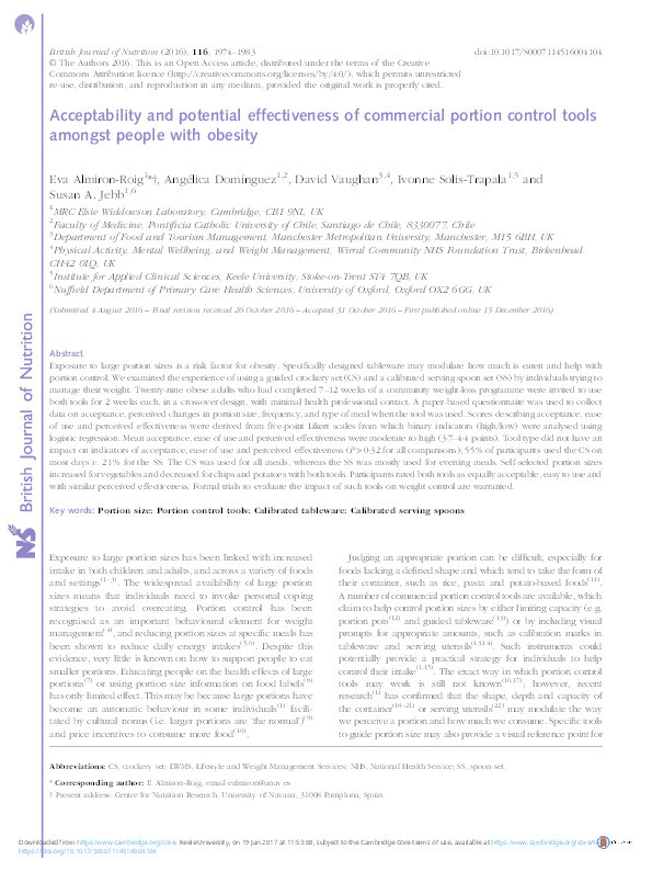 Acceptability and potential effectiveness of commercial portion control tools amongst people with obesity Thumbnail
