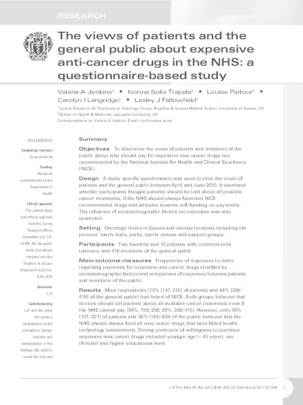 The views of patients and the general public about expensive anti-cancer drugs in the NHS: a questionnaire-based study. Thumbnail