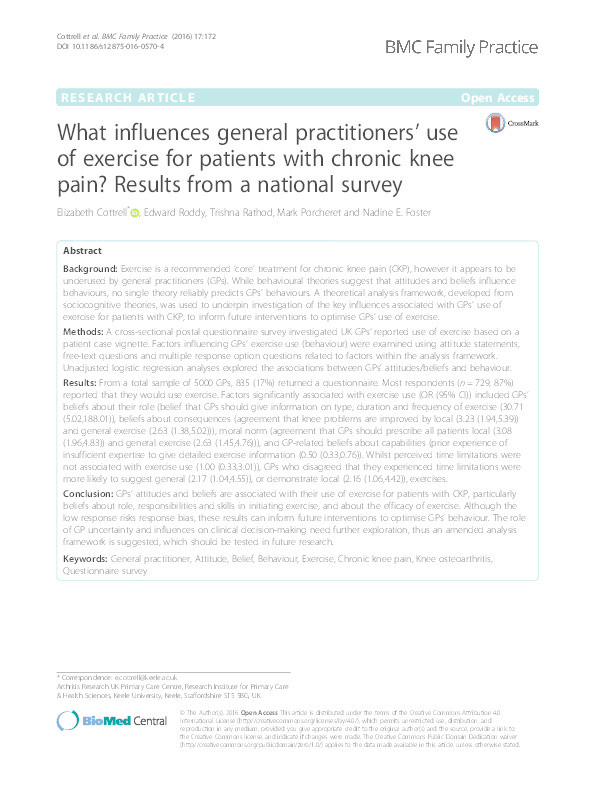 What influences general practitioners' use of exercise for patients with chronic knee pain? Results from a national survey Thumbnail