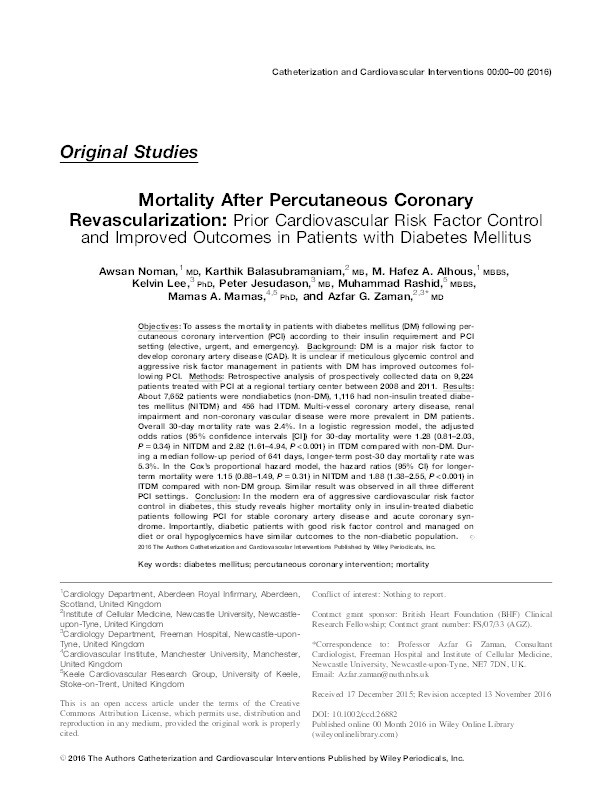 Mortality after percutaneous coronary revascularization: Prior cardiovascular risk factor control and improved outcomes in patients with diabetes mellitus. Thumbnail