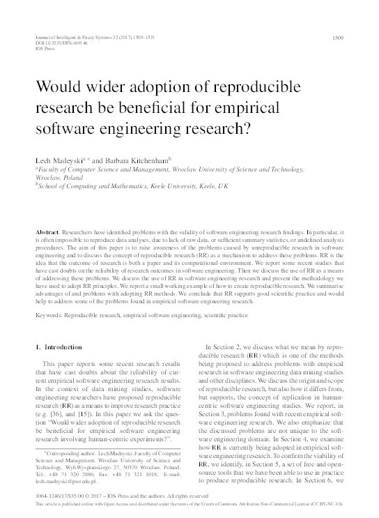 Would wider adoption of reproducible research be beneficial for empirical software engineering research? Thumbnail