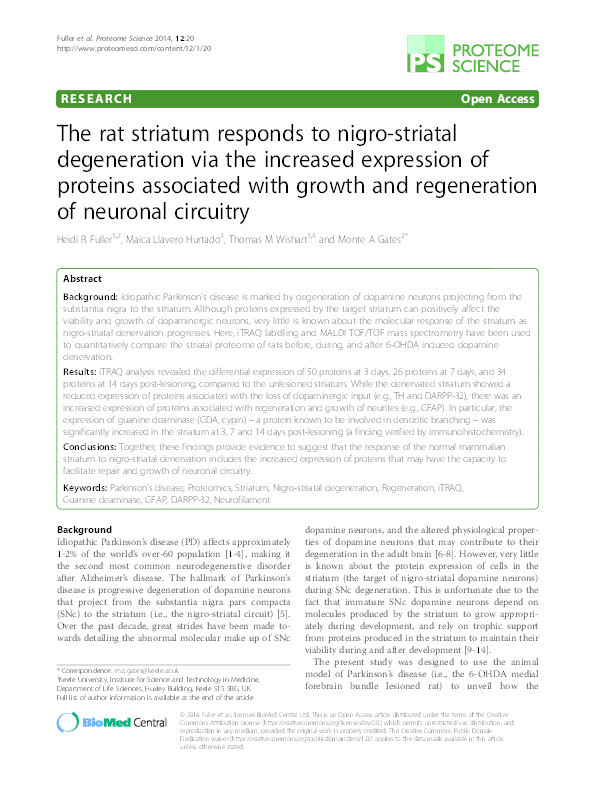 The rat striatum responds to nigro-striatal degeneration via the increased expression of proteins associated with growth and regeneration of neuronal circuitry Thumbnail