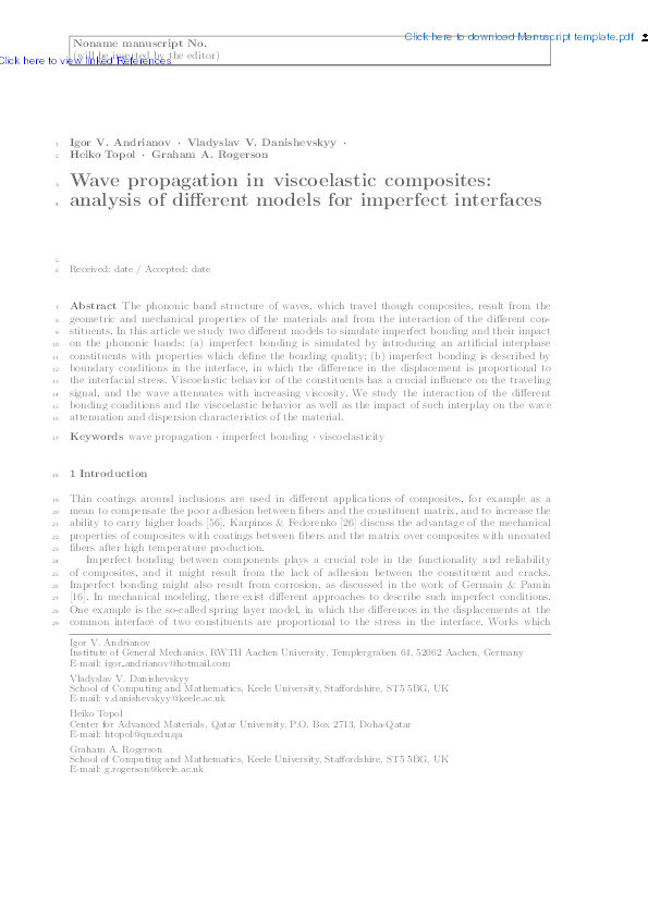 Propagation of Floquet–Bloch shear waves in viscoelastic composites: analysis and comparison of interface/interphase models for imperfect bonding Thumbnail