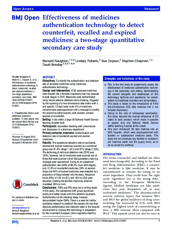 Effectiveness of medicines authentication technology to detect counterfeit, recalled and expired medicines: a two-stage quantitative secondary care study. Thumbnail