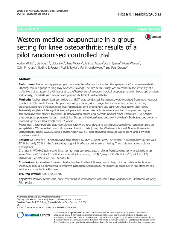 Western medical acupuncture in a group setting for knee osteoarthritis: results of a pilot randomised controlled trial. Thumbnail