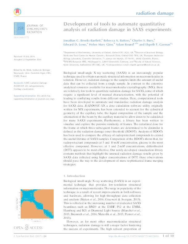 Development of tools to automate quantitative analysis of radiation damage in SAXS experiments Thumbnail