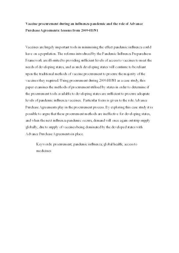 Vaccine procurement during an influenza pandemic and the role of Advance Purchase Agreements: Lessons from 2009-H1N1 Thumbnail