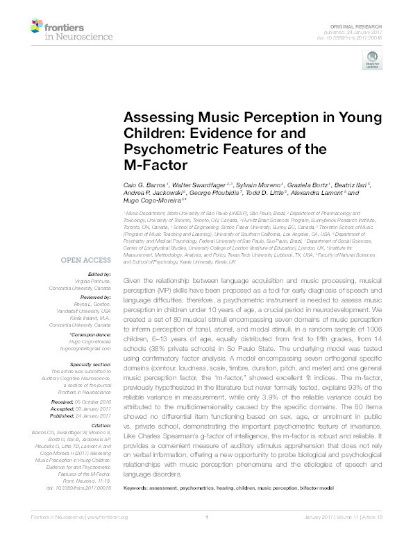 Assessing Music Perception in Young Children: Evidence for and Psychometric Features of the M-Factor Thumbnail