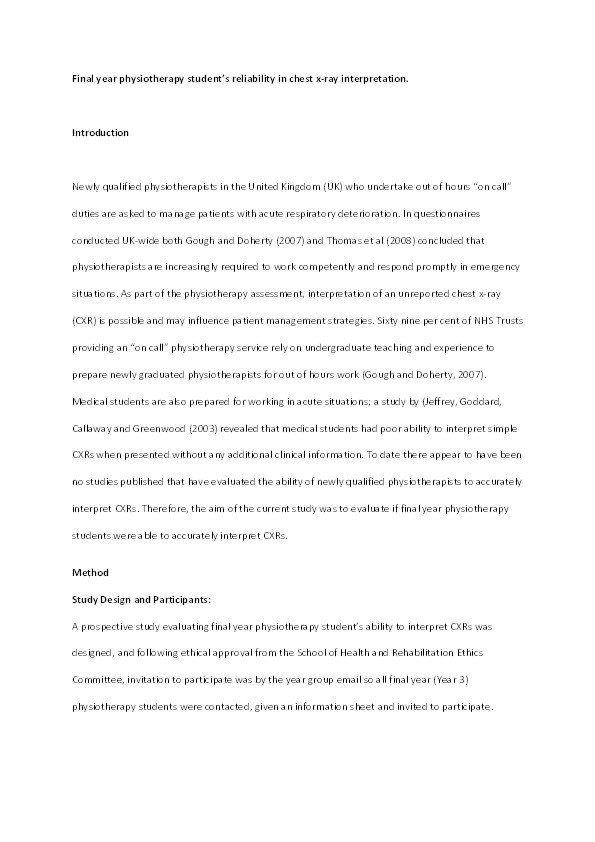 Final year physiotherapy student's reliability in chest x-ray interpretation Thumbnail