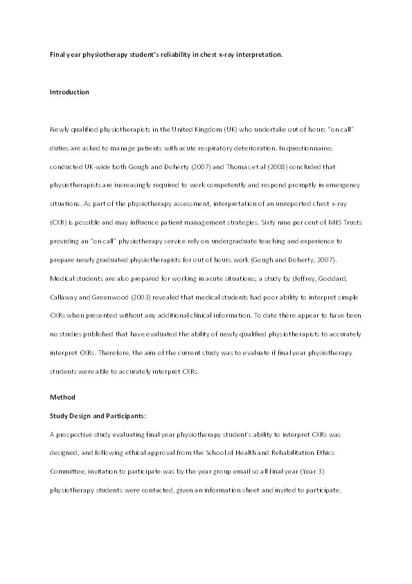 Final year physiotherapy student's reliability in chest x-ray interpretation Thumbnail