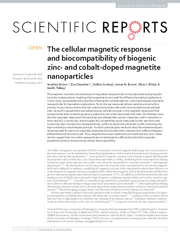 The cellular magnetic response and biocompatibility of biogenic zinc- and cobalt-doped magnetite nanoparticles. Thumbnail