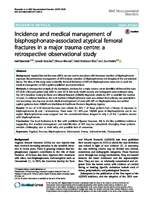 Incidence and medical management of bisphosphonate-associated atypical femoral fractures in a major trauma centre: a retrospective observational study Thumbnail