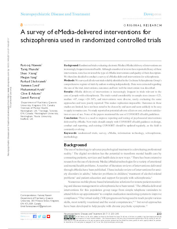 A survey of eMedia-delivered interventions for schizophrenia used in randomized controlled trials Thumbnail