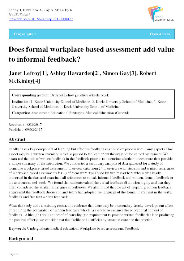 Does formal workplace based assessment add value to informal feedback? Thumbnail