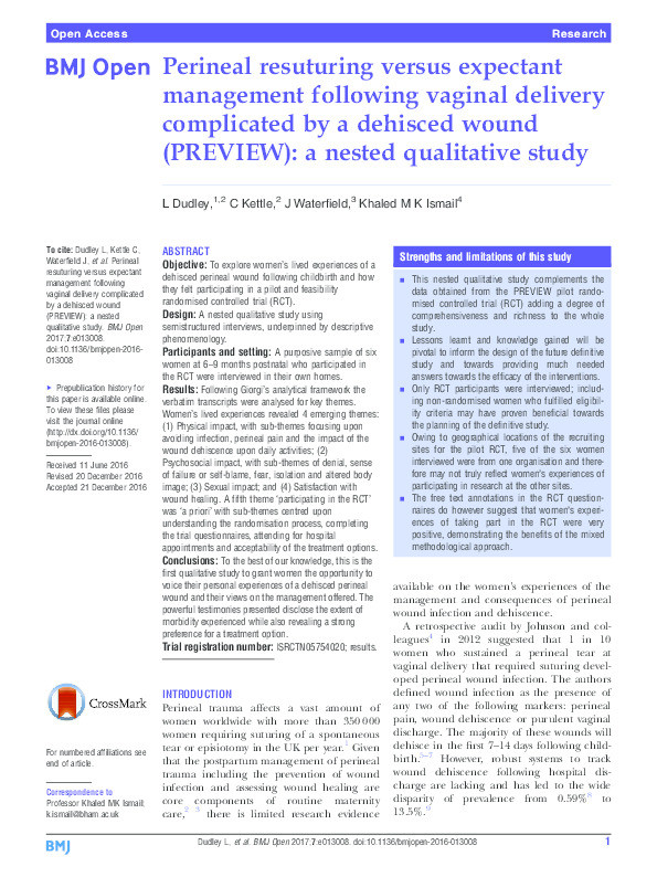 Perineal resuturing versus expectant management following vaginal delivery complicated by a dehisced wound (PREVIEW): a nested qualitative study Thumbnail