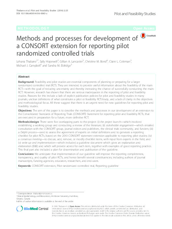 Methods and processes for development of a CONSORT extension for reporting pilot randomized controlled trials. Thumbnail