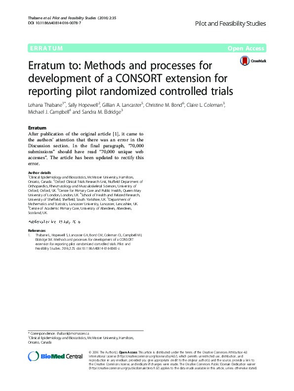 Erratum to: Methods and processes for development of a CONSORT extension for reporting pilot randomized controlled trials. Thumbnail